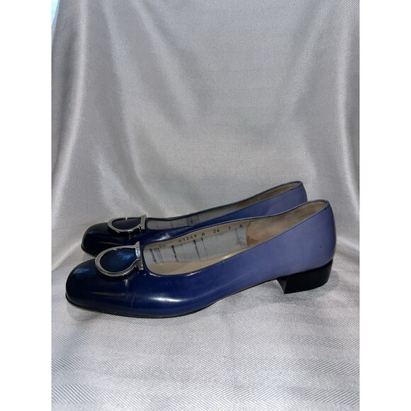 Salvatore Ferragamo Blue Ombré Leather Loafer Silver Signature Logo Women 7 B - Picture 1 of 16
